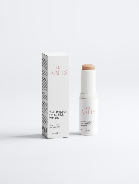 AALIS Sun Protection Stick SPF50 Tinted, front view of the packaging.